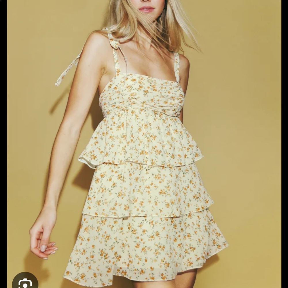 Reformation white and yellow floral ruffle mini dress